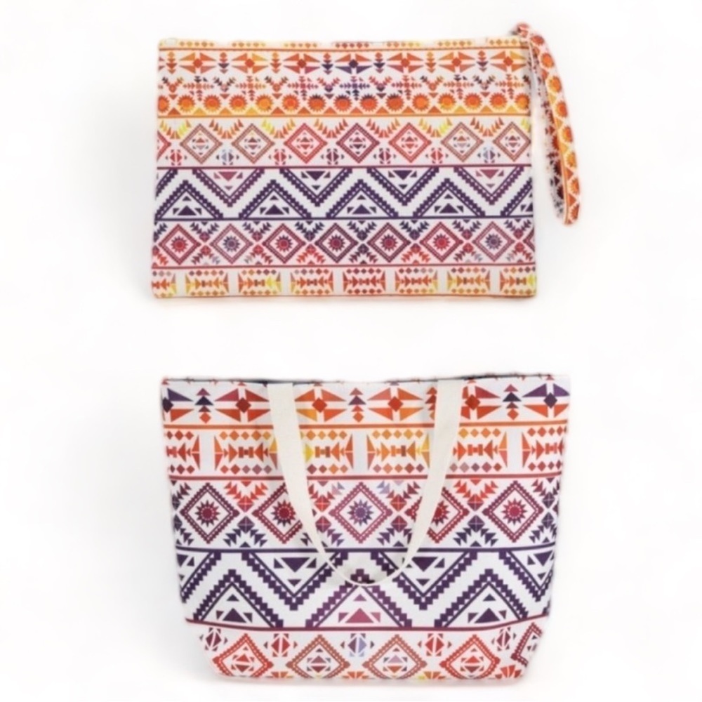 Boho Set Vibrant Ethnic Print Shoulder Strap Tote Bag w/ Matching Wristlet